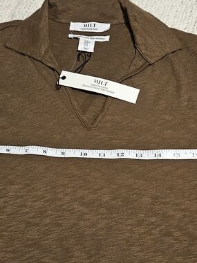 WILT Women's Brown V-Neck Polo with Open Collar. Summer, Linen Blend, Basic